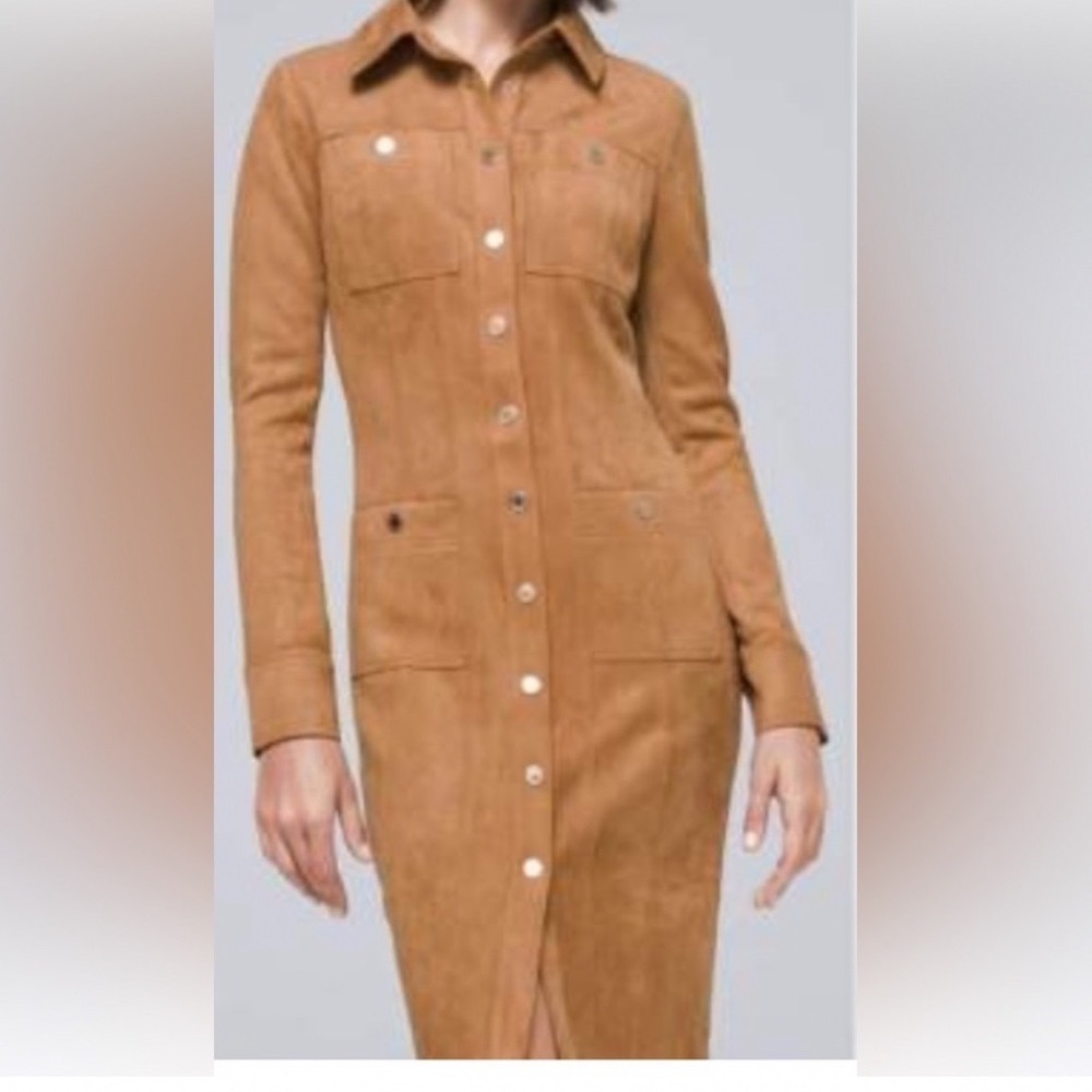 White House Black Market Faux Suede Dress Women Size 8 Brown Midi Long Sleeve